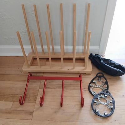 Bamboo boot rack -ICEtrekkers Diamond Grip Traction Cleats - and a heavy-duty metal over the door coat rack