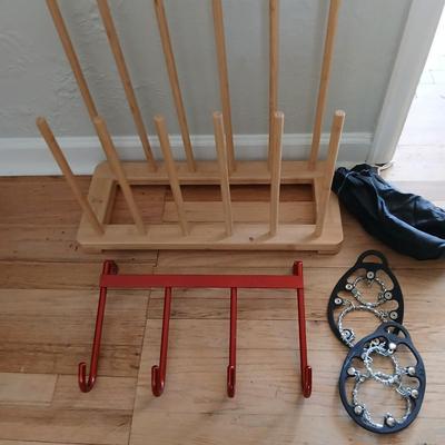 Bamboo boot rack -ICEtrekkers Diamond Grip Traction Cleats - and a heavy-duty metal over the door coat rack