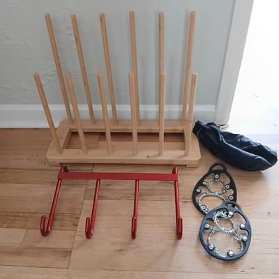 Bamboo boot rack -ICEtrekkers Diamond Grip Traction Cleats - and a heavy-duty metal over the door coat rack