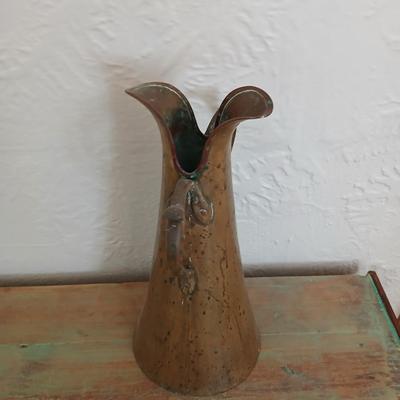 Antique Russian hammered brass copper pitcher beautiful, handcrafted aesthetic typical of Russian metalwork with two beautiful ornate...