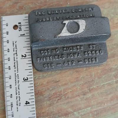 Cast Iron The Dexter company Foundry operations - Fairfield Iowa - Paperweight - Nameplate advertisement