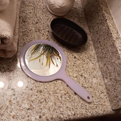 NICE BATH TOWELS, MCCOY VASE WITH FAUX FLOWERS AND MORE