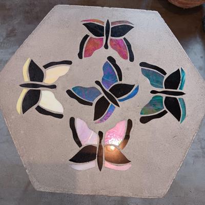 CONCRETE PAVER PLANT STAND WITH IRIDESCENT BUTTERFLIES