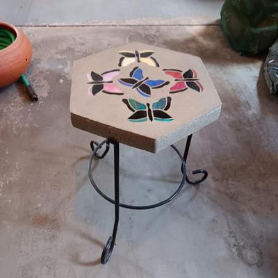 CONCRETE PAVER PLANT STAND WITH IRIDESCENT BUTTERFLIES