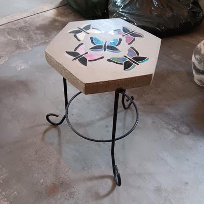 CONCRETE PAVER PLANT STAND WITH IRIDESCENT BUTTERFLIES