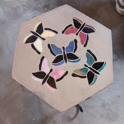 CONCRETE PAVER PLANT STAND WITH IRIDESCENT BUTTERFLIES