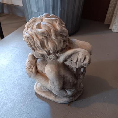 CONCRETE CHERUB WITH A BIRD YARD ART