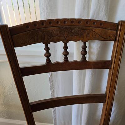 Antique side chairs - cane seats - 1 fiddle back spindle legs - one spindle back with ornate carving