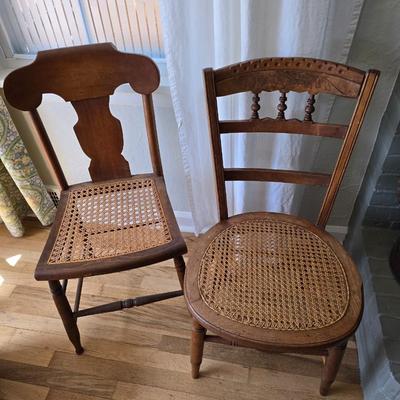 Antique side chairs - cane seats - 1 fiddle back spindle legs - one spindle back with ornate carving
