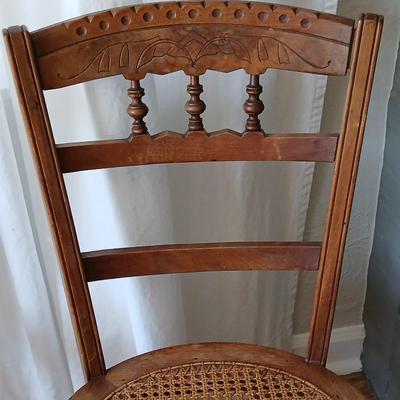 Antique side chairs - cane seats - 1 fiddle back spindle legs - one spindle back with ornate carving
