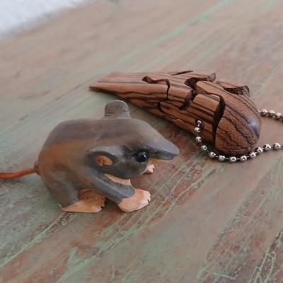 Adorable wooden mouse rodent and a wooden whale keychain
