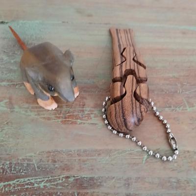 Adorable wooden mouse rodent and a wooden whale keychain