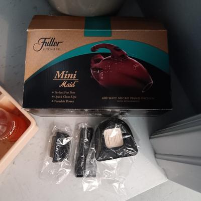 FULLER MINI MAID VACUUM AND OTHER HOUSEHOLD CLEANING ITEMS
