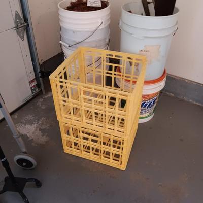 HAND SAWS, 5 GALLON BUCKETS AND 2 PLASTIC MILK CRATES