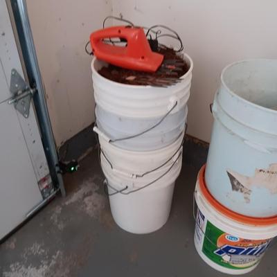 HAND SAWS, 5 GALLON BUCKETS AND 2 PLASTIC MILK CRATES