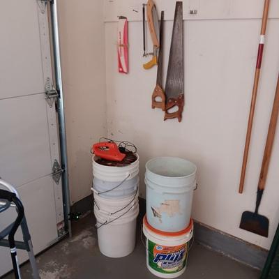 HAND SAWS, 5 GALLON BUCKETS AND 2 PLASTIC MILK CRATES