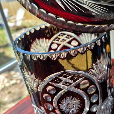Beautiful vintage Ruby Cut to Clear Bohemian Crystal Biscuit Jar