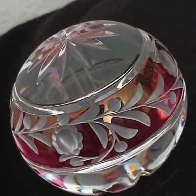 Vintage Cranberry Ruby Cut To Clear Crystal Paperweight