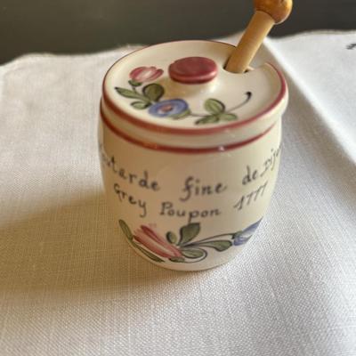 Handmade French plate and French mustard pot with wooden spoon