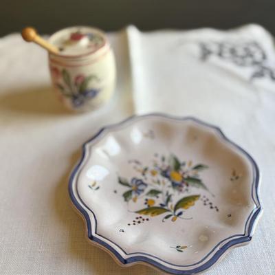 Handmade French plate and French mustard pot with wooden spoon