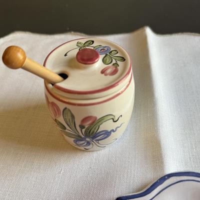 Handmade French plate and French mustard pot with wooden spoon