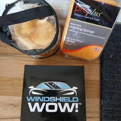 Windshield WOW cloths and sponges and a Ziplock baggie of large sized rubber bands