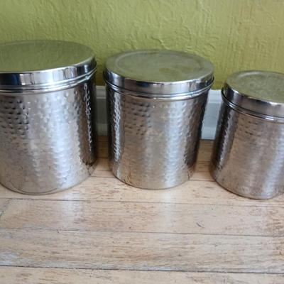 Three piece hammered stainless steel canister set - Nesting canister set with lids