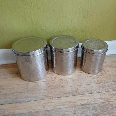Three piece hammered stainless steel canister set - Nesting canister set with lids