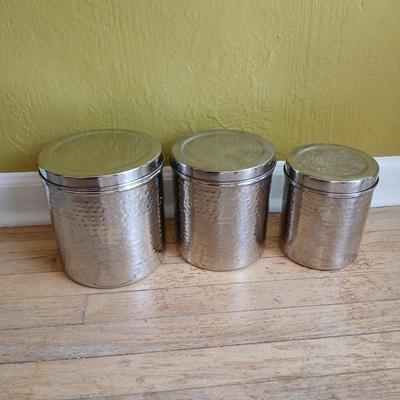 Three piece hammered stainless steel canister set - Nesting canister set with lids