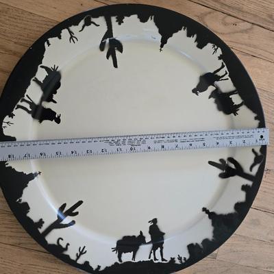 Cute American Art works Social Supper Tray Silhouette 19" Man & Donkey serving platter metal plate with a storage basket
