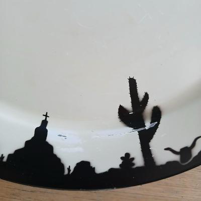 Cute American Art works Social Supper Tray Silhouette 19" Man & Donkey serving platter metal plate with a storage basket