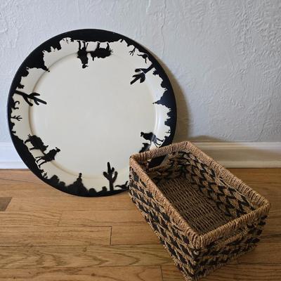Cute American Art works Social Supper Tray Silhouette 19" Man & Donkey serving platter metal plate with a storage basket