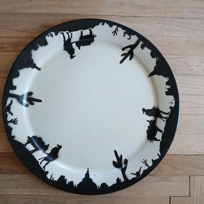 Cute American Art works Social Supper Tray Silhouette 19" Man & Donkey serving platter metal plate with a storage basket