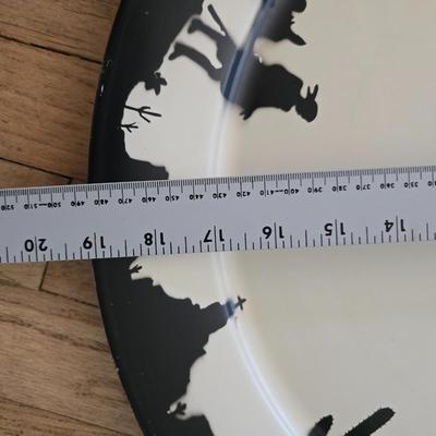 Cute American Art works Social Supper Tray Silhouette 19" Man & Donkey serving platter metal plate with a storage basket