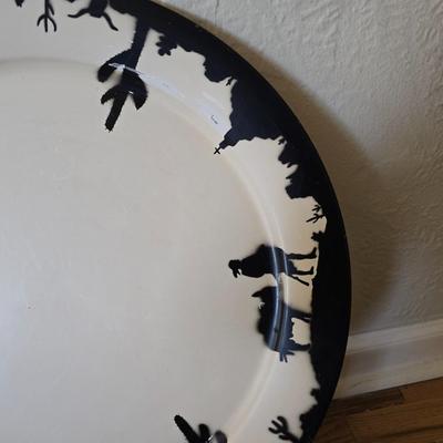 Cute American Art works Social Supper Tray Silhouette 19" Man & Donkey serving platter metal plate with a storage basket