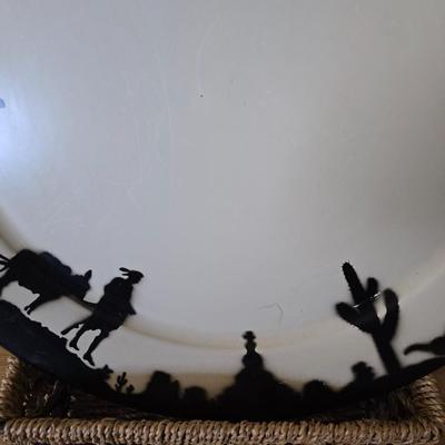 Cute American Art works Social Supper Tray Silhouette 19" Man & Donkey serving platter metal plate with a storage basket