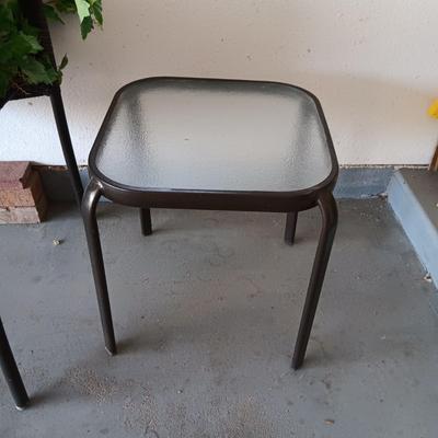 OUTDOOR WICKER CHAIR, SIDE TABLE AND FAUX PLANT