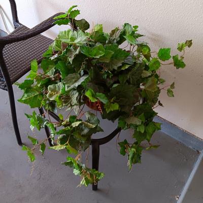 OUTDOOR WICKER CHAIR, SIDE TABLE AND FAUX PLANT