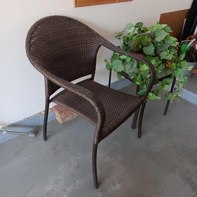 OUTDOOR WICKER CHAIR, SIDE TABLE AND FAUX PLANT