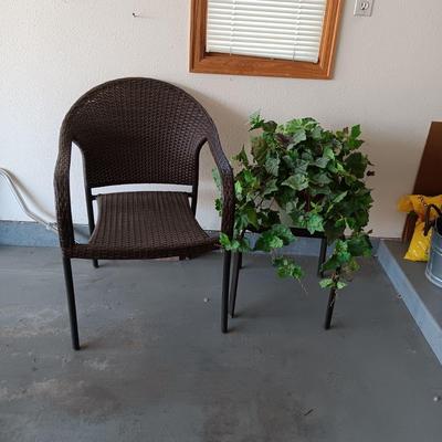OUTDOOR WICKER CHAIR, SIDE TABLE AND FAUX PLANT