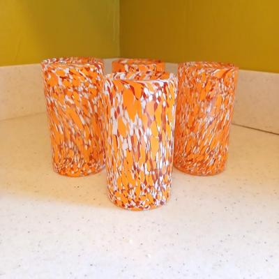 Set of Four orange, red and white confetti blown glass tumblers 6" tall water glasses