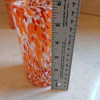 Set of Four orange, red and white confetti blown glass tumblers 6" tall water glasses