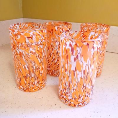Set of Four orange, red and white confetti blown glass tumblers 6" tall water glasses