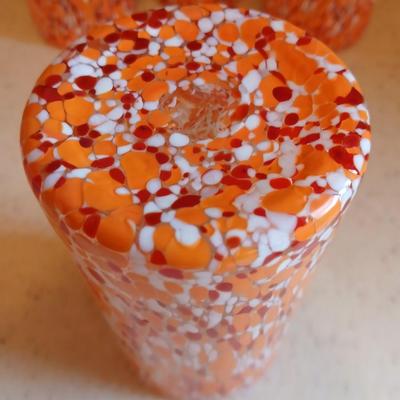Set of Four orange, red and white confetti blown glass tumblers 6" tall water glasses