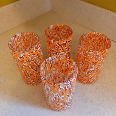 Set of Four orange, red and white confetti blown glass tumblers 6" tall water glasses