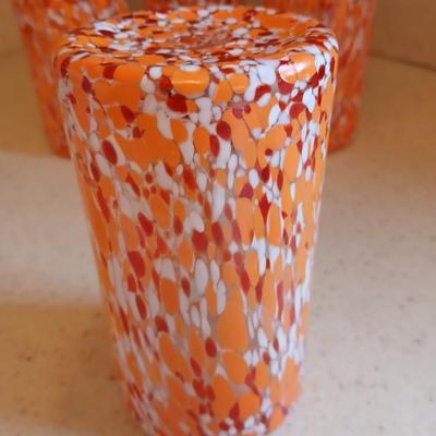 Set of Four orange, red and white confetti blown glass tumblers 6" tall water glasses
