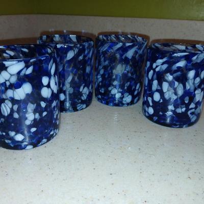 Set of Four blue and white confetti blown glass tumblers 4" tall juice glasses