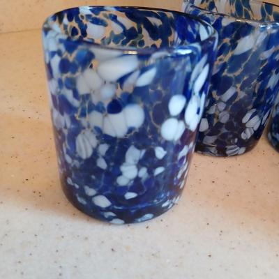 Set of Four blue and white confetti blown glass tumblers 4" tall juice glasses