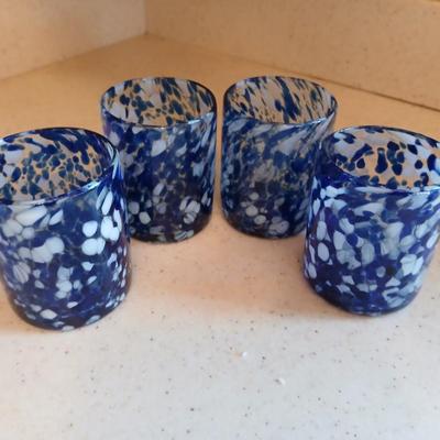 Set of Four blue and white confetti blown glass tumblers 4" tall juice glasses