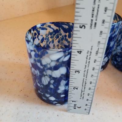 Set of Four blue and white confetti blown glass tumblers 4" tall juice glasses